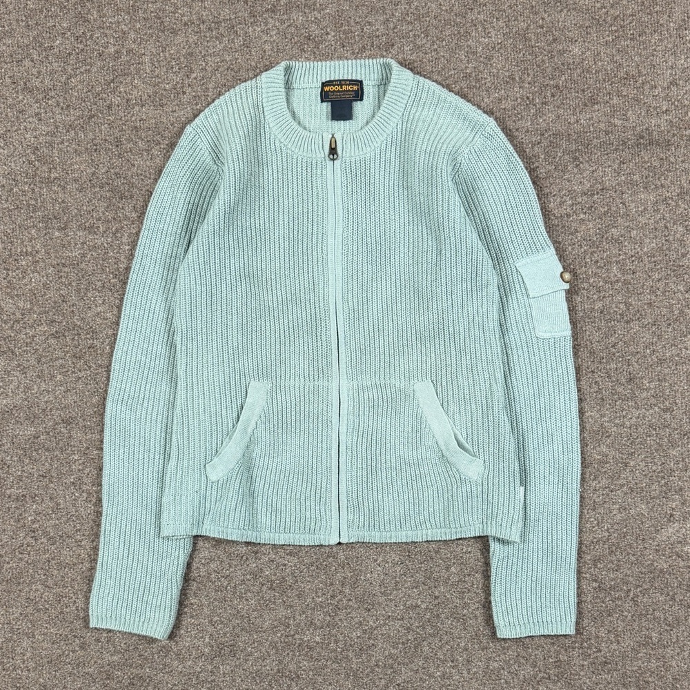 Vintage Woolrich Light Blue Full Zip Ribbed Knit Cardigan Sweater Women’s S Cozy